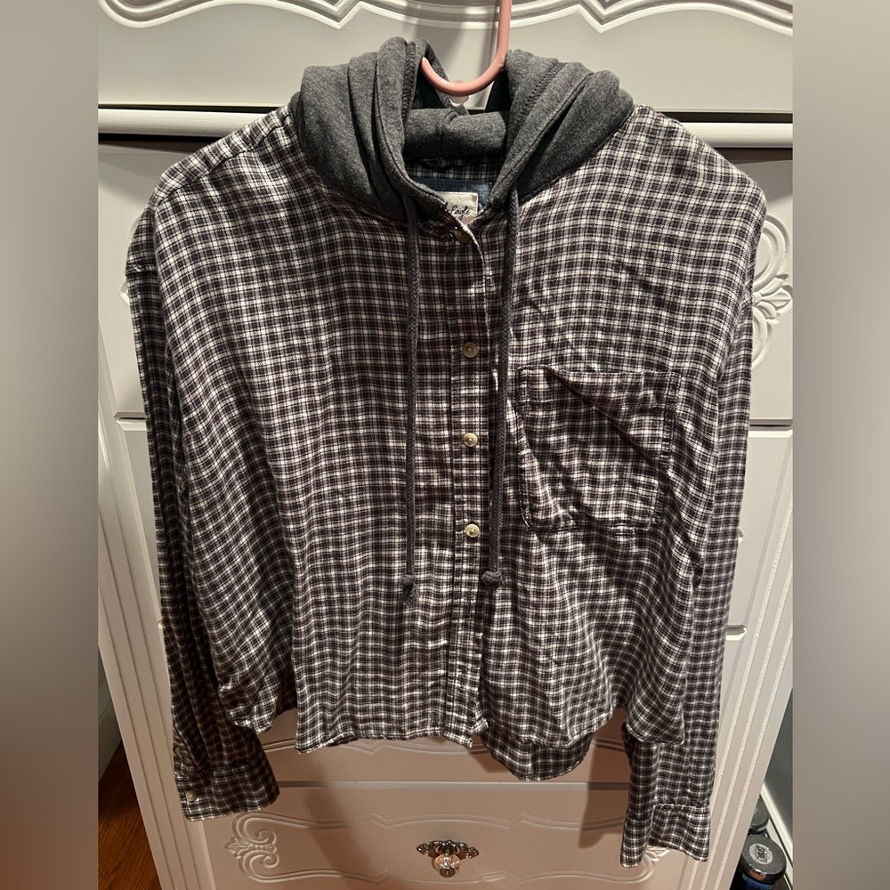 Grey and White Cropped Hoodie Flannel